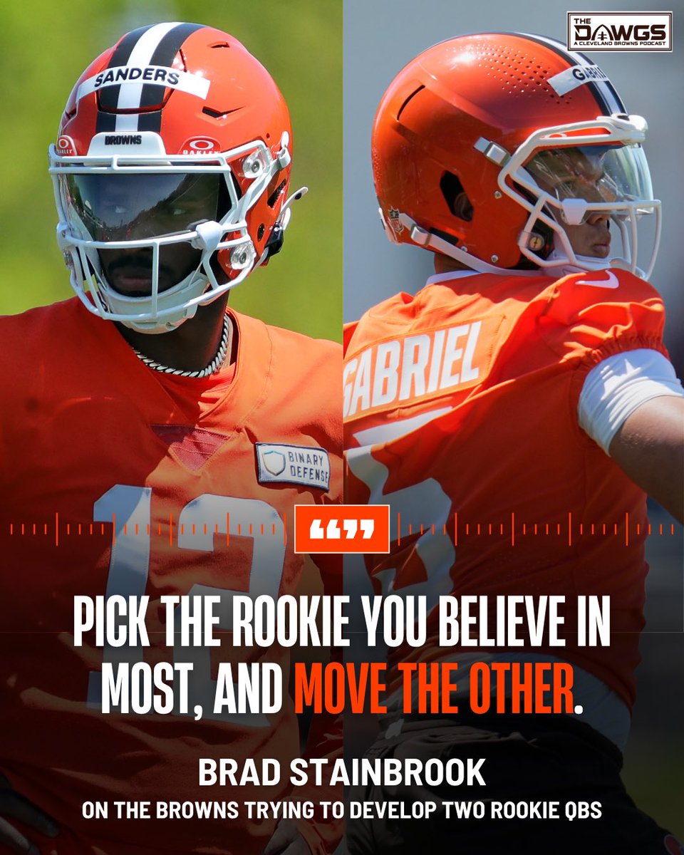 thedawgspodcast's tweet image. Brad Stainbrook makes the argument the Browns cannot go into the season with both Dillon Gabriel and Shedeur Sanders on the roster.
“You can make a strong case for investing in either. But you can’t justify trying to develop both, not when the room already has two veterans…
