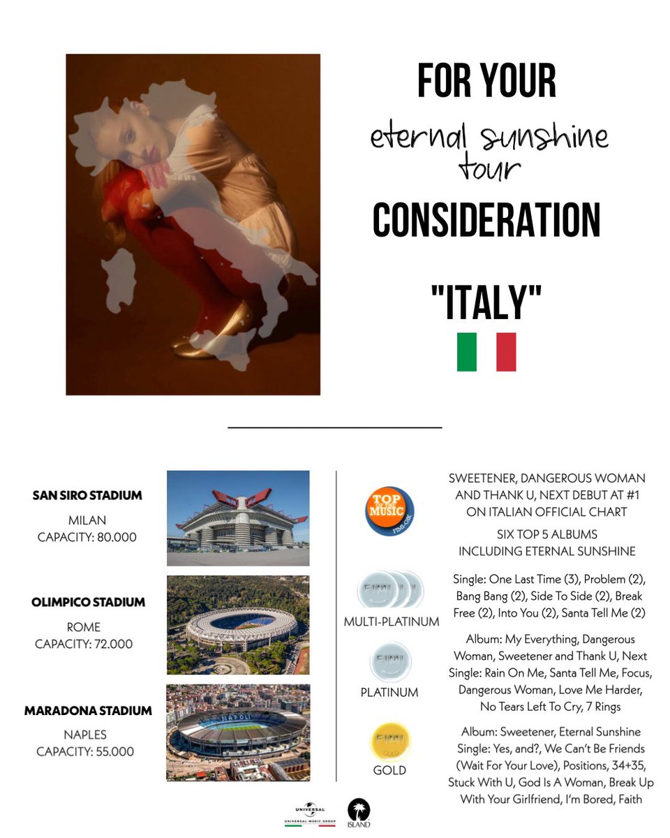ArianaGrande_IT's tweet image. FOR YOUR #EternalSunshineTour CONSIDERATION: ITALY 🇮🇹 

@TeamAriana @joangrande @RepublicRecords @brandoncreed