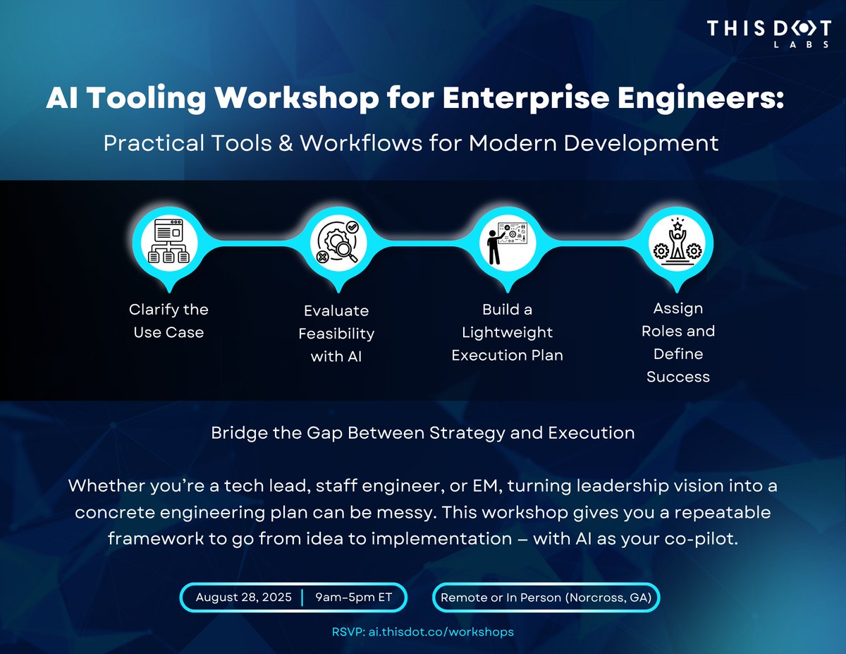 ThisDotLabs's tweet image. If you're an engineer exploring how to use AI more effectively — this is your playbook.
This workshop is made for:
• Developers learning to integrate AI in daily workflows
• Engineering teams looking to standardize prompts and output
• ICs and leads who want to move fast —…