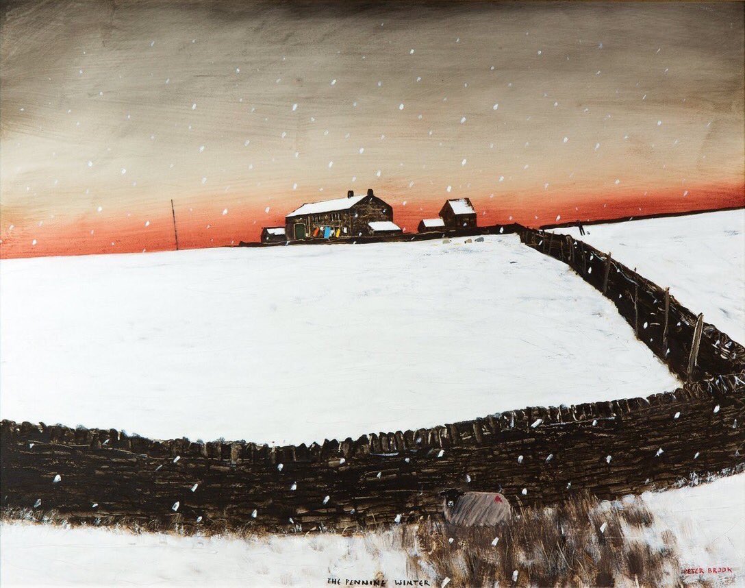PennineThe's tweet image. ‘The Pennine Winter’, with its falling snow and solitary sheep sheltering by a wall, is one of those Peter Brook paintings which could well have been bleak, but is lifted by the glow in the sky and the brightly coloured laundry on the line. It must have been a Monday!