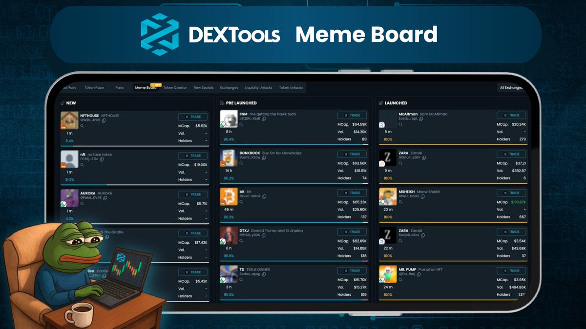 DEXToolsApp's tweet image. Hi Degens! 😎
💥 Your one-stop hub to discover the hottest meme tokens and track new gem launches, it’s here on DEXTools! 🚀🔥
Always DYOR, ape early and never miss the next 100x. 💎🙌
