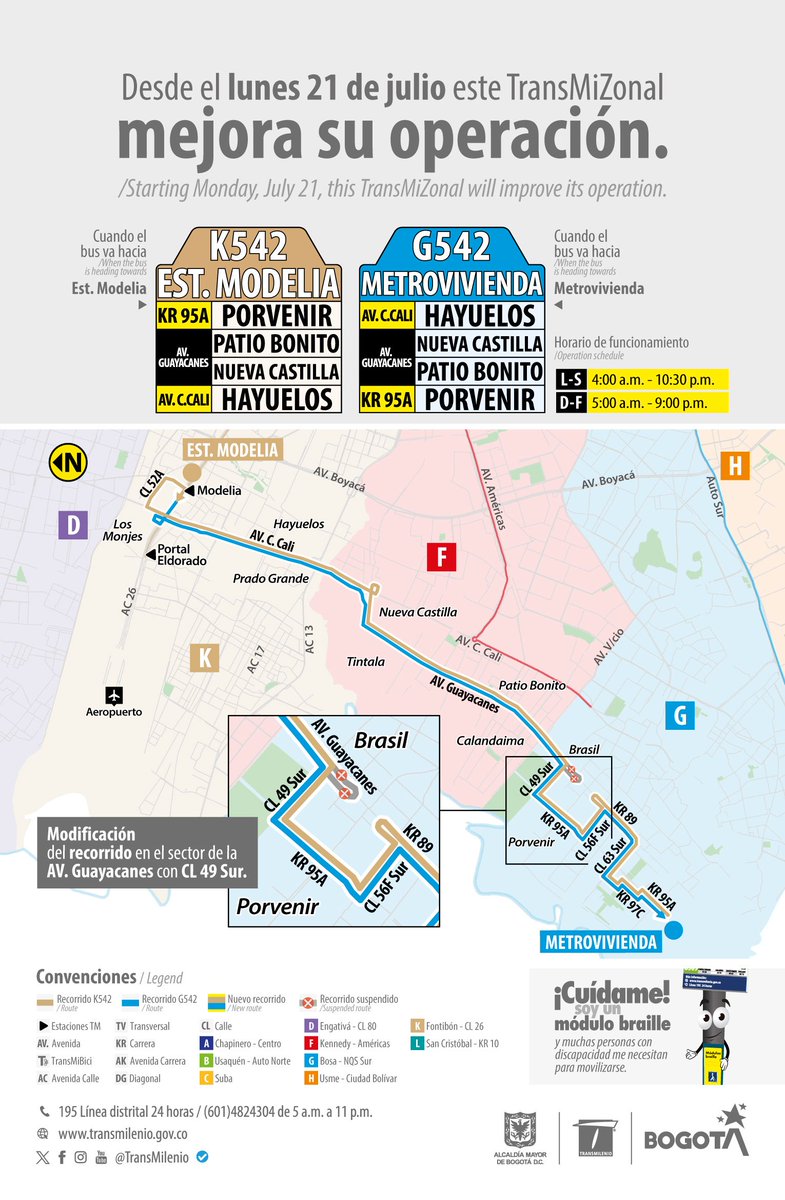 A partir del 21 de julio, el servicio TransMiZonal K542 Estación Modelia - G542 Metrovivienda, modifica su operación sobre la avenida Guayacanes en el sector de Bosa Brasil tomando la calle 49 sur hacia la carrera 95A.