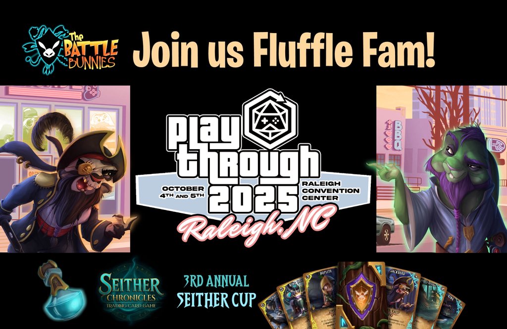 SAVE THE DATE 🐇🌟✨
Annual #FluffleFam Meetup!!

We'll see ya at Playthrough in October! 🐇✨

📆 October 4th &amp; 5th
📍 <a href="/PlaythroughGC/">Playthrough</a>
🛌 Raleigh Marriott City Center 
👀 ⁉️for everybunny who attends
🏆 3rd Annual <a href="/seitherTCG/">Seither Chronicles™️</a> Cup + 
🎲 Live #TCG Game Demos