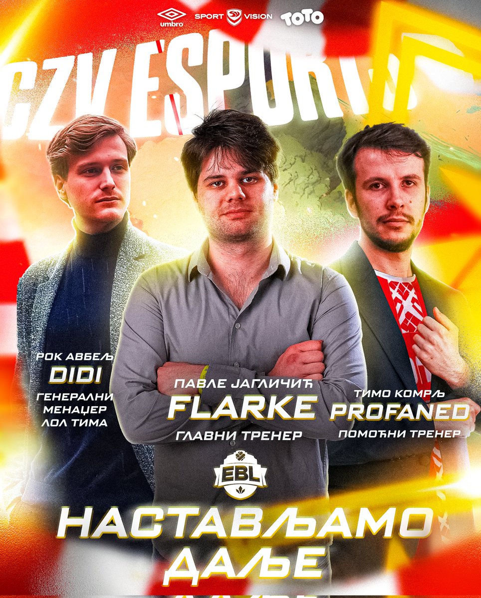 🚨НАСТАВЉАМО ДАЉЕ🚨

И овај сплит, стручни штаб нашег "League of Legends" тима чиниће већ добро познати трио:

Генерални менаџер - <a href="/DidiLeague/">Didi</a> 🇸🇮
Главни тренер - <a href="/Flarke_lol/">Pavle</a> 🇷🇸
Помоћни тренер - <a href="/Coach_Profaned/">Profaned - Timo</a> 🇳🇱