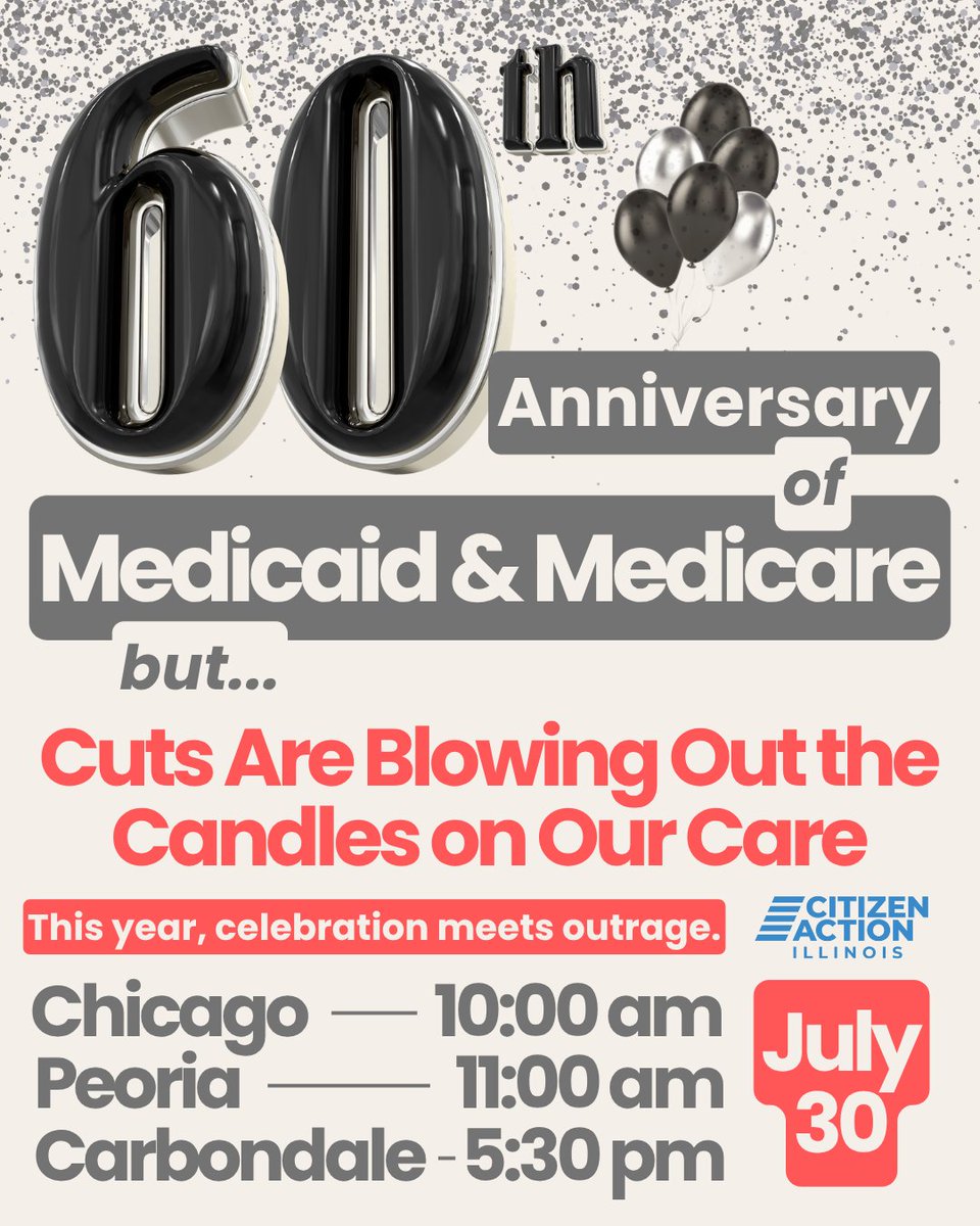 CitizenActionIL's tweet image. We’re throwing a birthday party in Chicago, Peoria, and Carbondale all with the same message: Medicaid and Medicare have saved lives for 60 years and must be protected for generations to come!

RSVP for any of the events at the link in our bio!