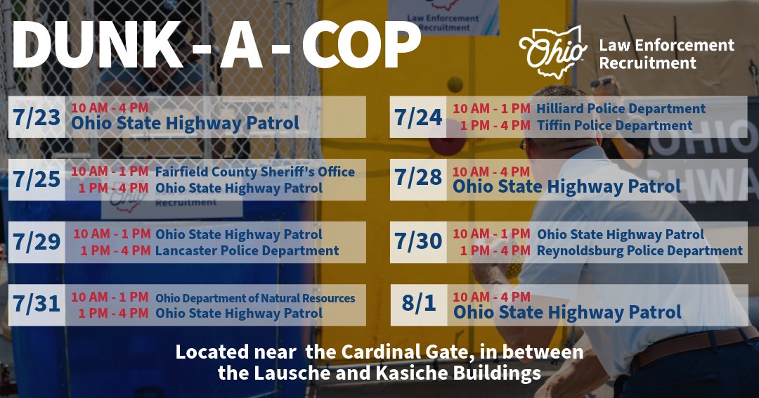 OhioLER's tweet image. Stop by our booth at the Ohio State Fair and DUNK-A-COP! 💦 🚔 👮 Chat with us about exciting law enforcement opportunities in your city, county, and state! Meet some local agencies, including: @OSHP, @Hilliard_Police, @Sheriff2300, @ReynoldsburgPD, @ohiodnr, & more!