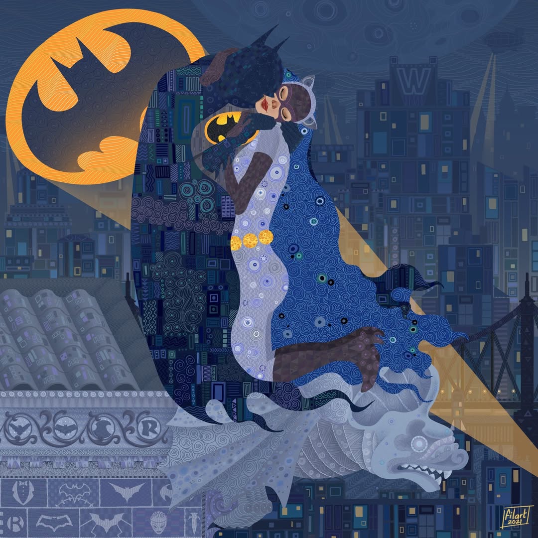 purpleselina's tweet image. Batman and Catwoman & Superman and Lois by Sean Filart
– Inspired by Gustav Klimt's 'The Kiss'