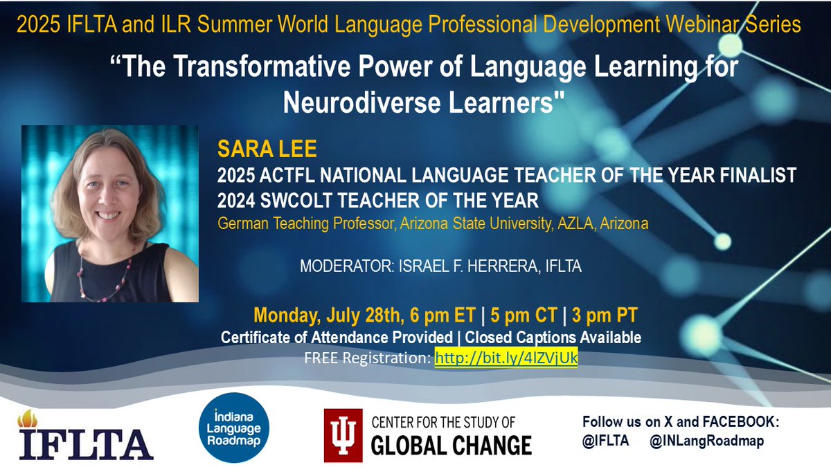 DON'T MISS IT! 2ND 2025 SUMMER WL PD WEBINAR W/ <a href="/IFLTA/">IFLTA</a> &amp; <a href="/INLangRoadmap/">Indiana Language Roadmap</a> Mon July 28th, 6 pm ET <a href="/israelfernandoh/">Israel F. Herrera | 2018 AATSP Teacher of the Year</a> <a href="/Guanlaoshihao/">Guan Chunmei</a> <a href="/AttiaYouseif/">Attia Youseif</a> <a href="/CltaIn/">CLTA-IN</a> <a href="/AATSPglobal/">AATSP</a> <a href="/AATGOnline/">AATG</a>
<a href="/AATFrench/">AATF</a> <a href="/jraught/">Jocelyn D Raught</a> @AATJ14W <a href="/EarlyLang/">NNELL</a> <a href="/theglobalseal/">Global Seal of Biliteracy</a> <a href="/actfl/">ACTFL</a> #langchat #actfl Spread the word! We are IN!