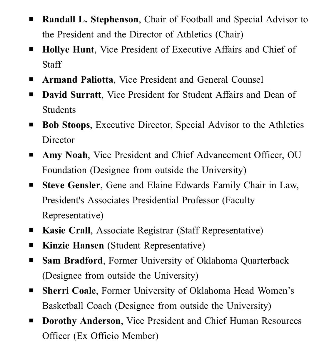 GeorgeStoia's tweet image. Sam Bradford and Bob Stoops are on the search committee for OU’s next athletics director. Here’s the full list of members. Joe Castiglione will serve in an advisory role.