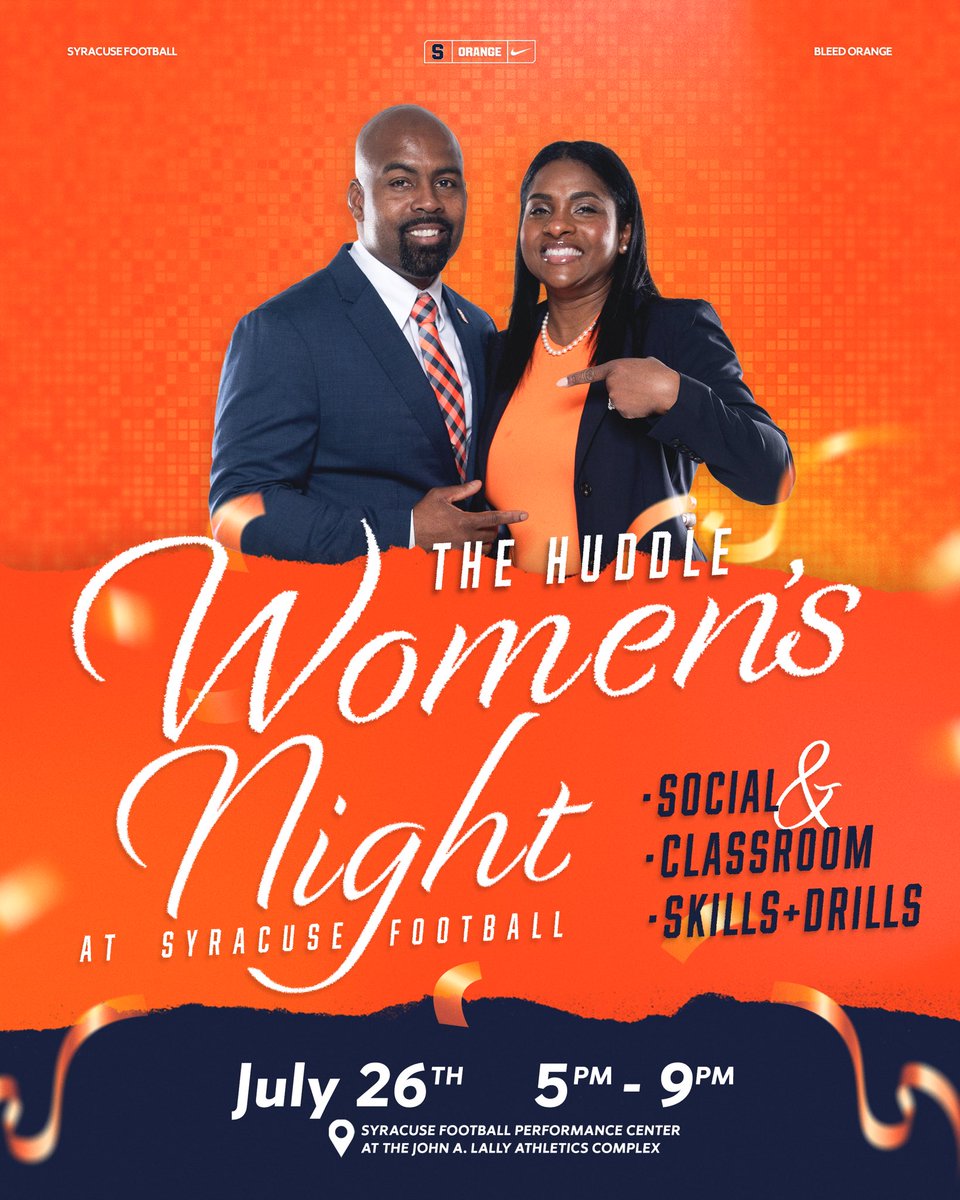 CuseFootball's tweet image. LAST CHANCE LADIES ‼️🍊🎯
Join the Syracuse Football staff this Saturday (7/26) for a FREE evening filled with football & fun 🎉🏈
Learn the game & hang with the football staff before we gear up for the @AflacKickoff in Atlanta!
Sign up here! Cuse.com/womensnight