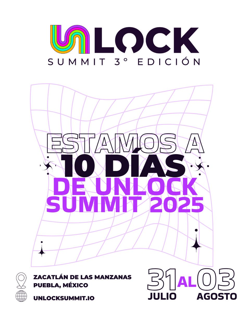 unlocksummit_io's tweet image. 🎉 ¡Estamos a solo 10 DÍAS de vivir Unlock Summit 2025! Serán días de inspiración, comunidad, innovación y magia en Zacatlán de las Manzanas 🍎🇲🇽

Del 31 de julio al 3 de agosto, vive el congreso para mujeres emprendedoras + eventos de Unlock Web3: Blockchain, IA, cine…