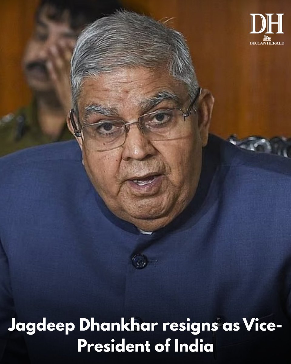 DeccanHerald's tweet image. #JagdeepDhankhar on Monday resigned as the Vice-President of #India with #immediateeffect, according to the #resignationletter shared in his X handle. The letter mentions his decision &apos;to #prioritisehealthcare and abide by #medicaladvice&apos;.

ow.ly/ieFM50WsM0P