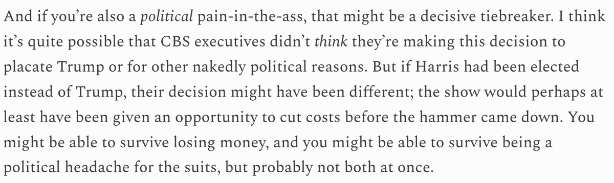 Were the economics bad? Yes. Did politics play a role? Liberal claims about this are underevidenced but possibly yes. Is mass culture dying? Yes. Did liberal scoldiness make Colbert's job harder? Yes, that too.