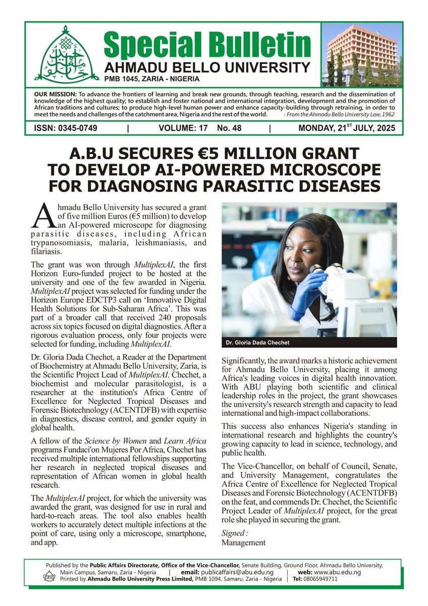 ABU secures €5 Million grant to develop AI-Powered Microscope for diagnosing parasitic diseases