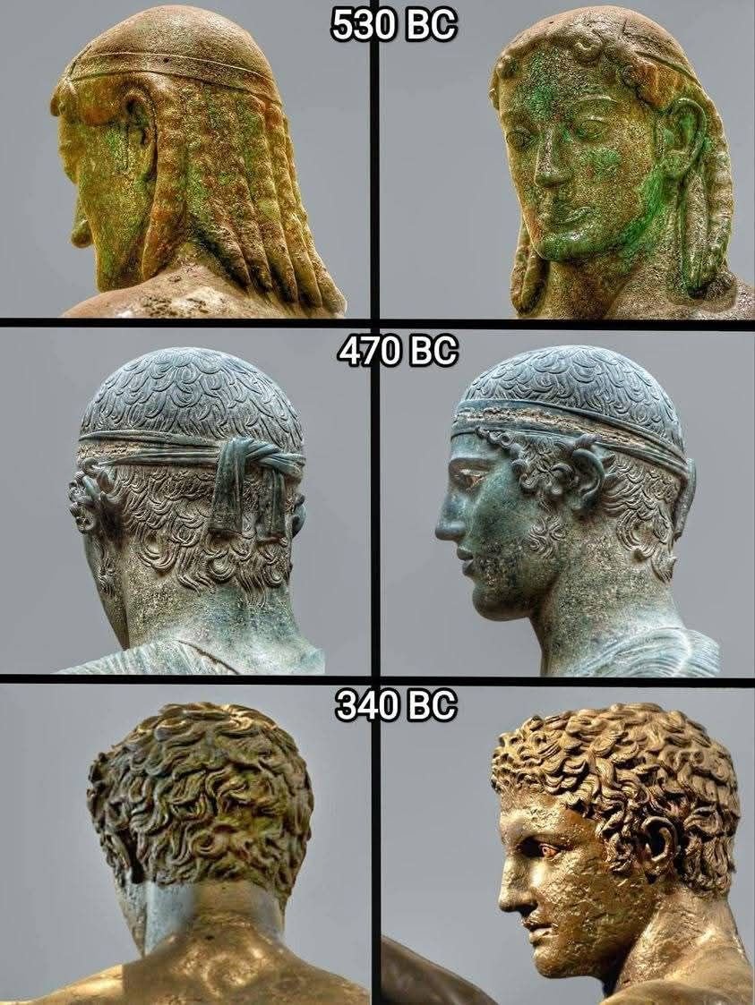 RealHellenist's tweet image. Evolution of the Ancient Greek bronze statues.