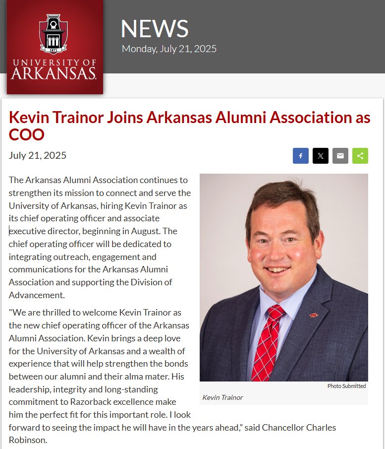 rep_stevewomack's tweet image. A huge congratulations to my friend Kevin Trainor on being named Chief Operating Officer and Associate Executive Director of @arkansasalumni. You won’t find anyone more dedicated to the @UArkansas or more deeply committed to the institution, its students, and its alumni than…