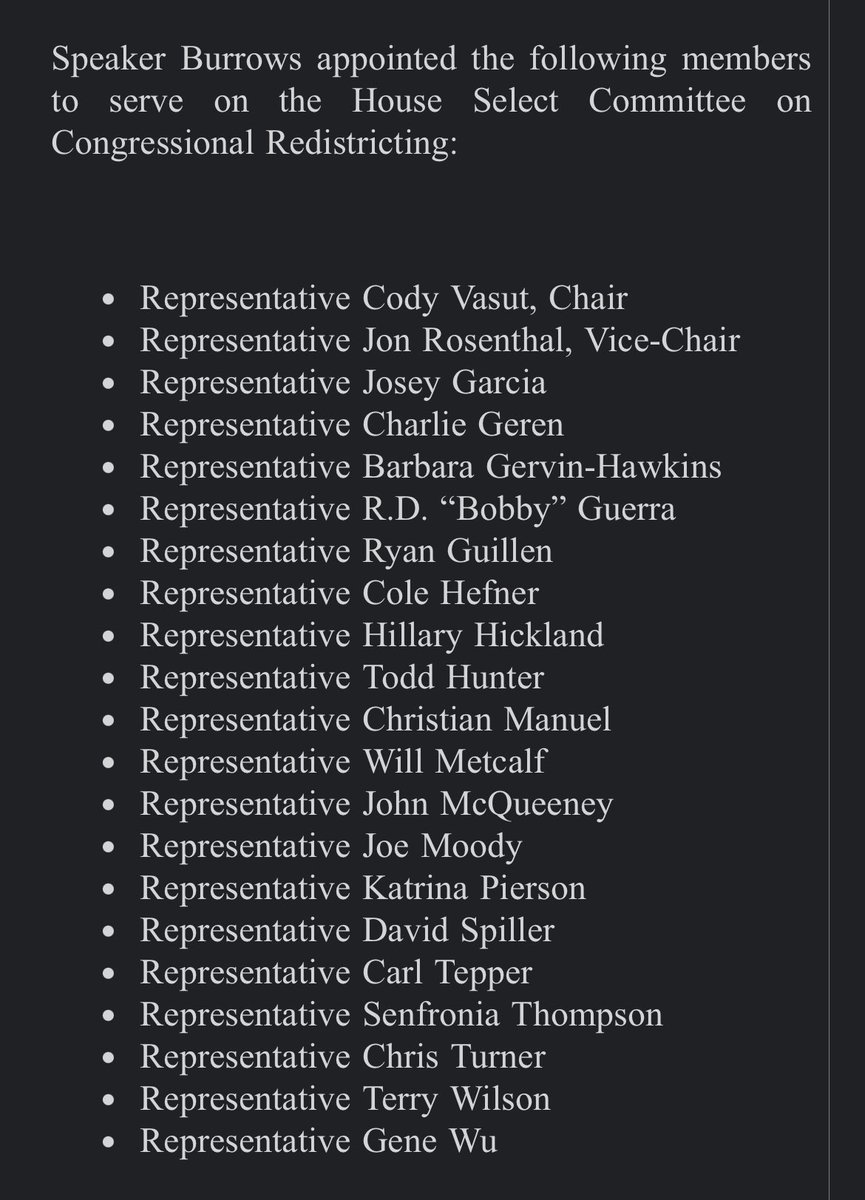 bradj_TX's tweet image. New: @Burrows4TX announces a new select committee on congressional redistricting. @cvasut remains chair, @Jon_RosenthalTX remains vice chair.
21 members on this new committee, 12 Rs and 9 Ds.