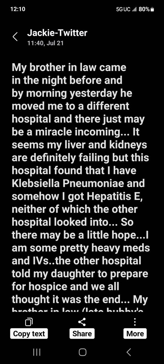 DEFCON_Marine's tweet image. Our Military Momma Bear has given me an update. Please read her text to me below. She does ask, please, no more texts and calls from all. Too much for her to respond. She will, when she is able, to keep me updated. Keep your prayers coming. A miracle may happen.
Thank y'all.