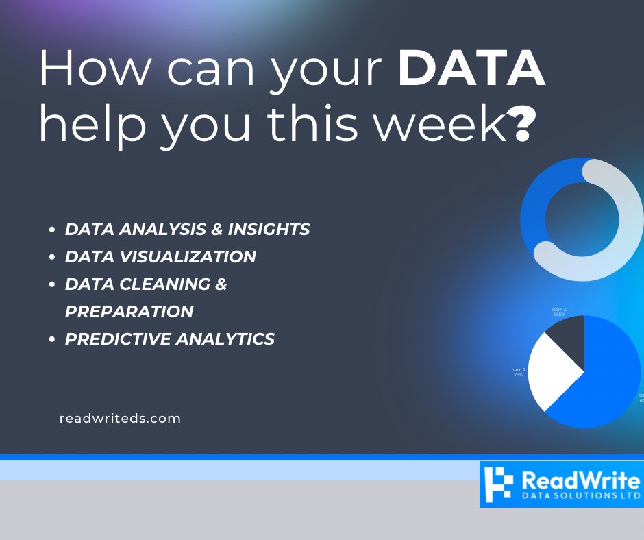 ReadWriteDS's tweet image. Small business? Big business? We help you (and even your clients) get more out of data. 📊

✅ Analyze it
✅ Visualize it
✅ Clean it

Send us a DM or visit readwriteds.com to get started. 
.
.
.
#DataMadeSimple #BusinessTools #AnalyticsForBusiness