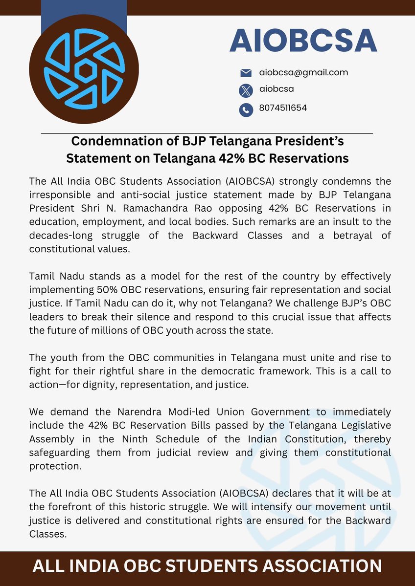 aiobcsa's tweet image. We condemn BJP Telangana President @N_RamchanderRao statement against Telangana 42% BC Reservations. This is anti-social justice statement. We want Tamil Nadu kind of Social Justice Model in all states. @Bmaheshgoud6666 @KTRBRS must respond and give their stand on the issue.