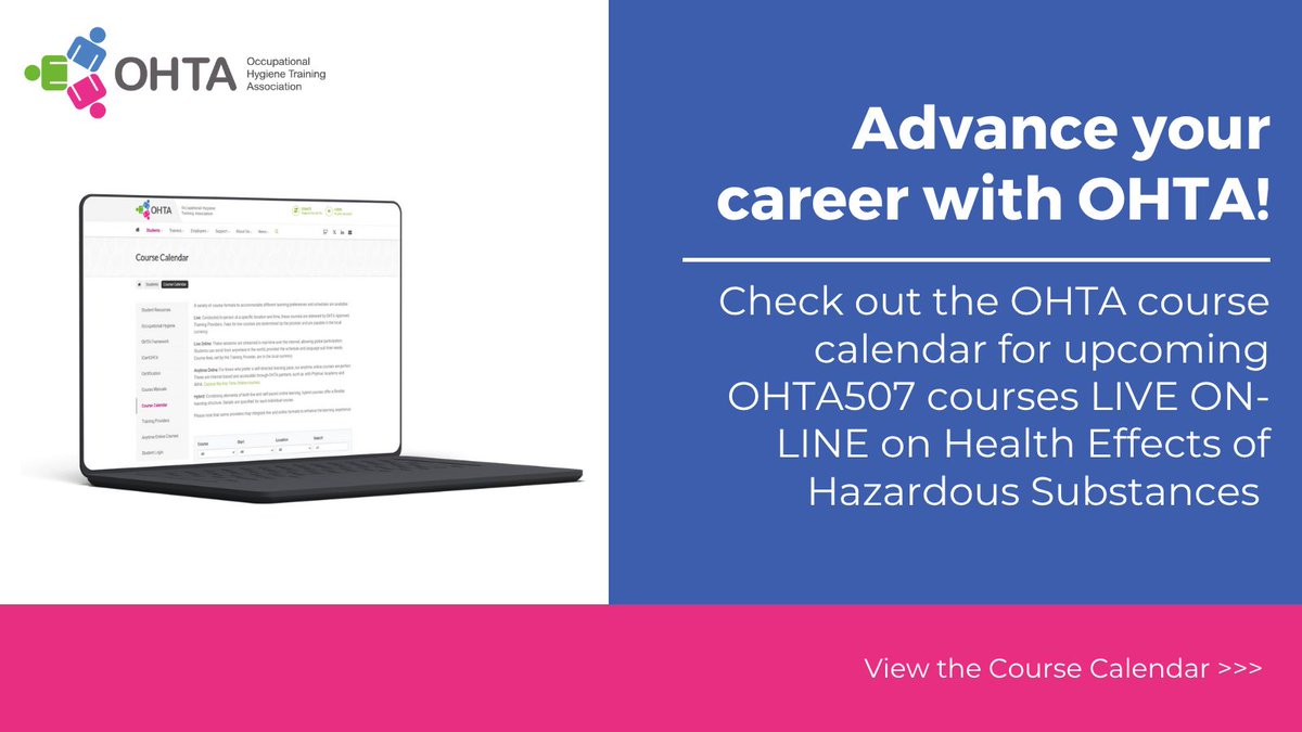 Occupational Hygiene Training Association (@ohtatraining) on Twitter photo Are you studying for a certification exam and need to enhance your knowledge of toxicology, epidemiology, and physiology?   
Check out the OHTA course calendar for upcoming OHTA507 courses LIVE ON-LINE on Health Effects of Hazardous Substances ➡️ buff.ly/o5C7DPZ Are you studying for a certification exam and need to enhance your knowledge of toxicology, epidemiology, and physiology?   
Check out the OHTA course calendar for upcoming OHTA507 courses LIVE ON-LINE on Health Effects of Hazardous Substances ➡️ buff.ly/o5C7DPZ