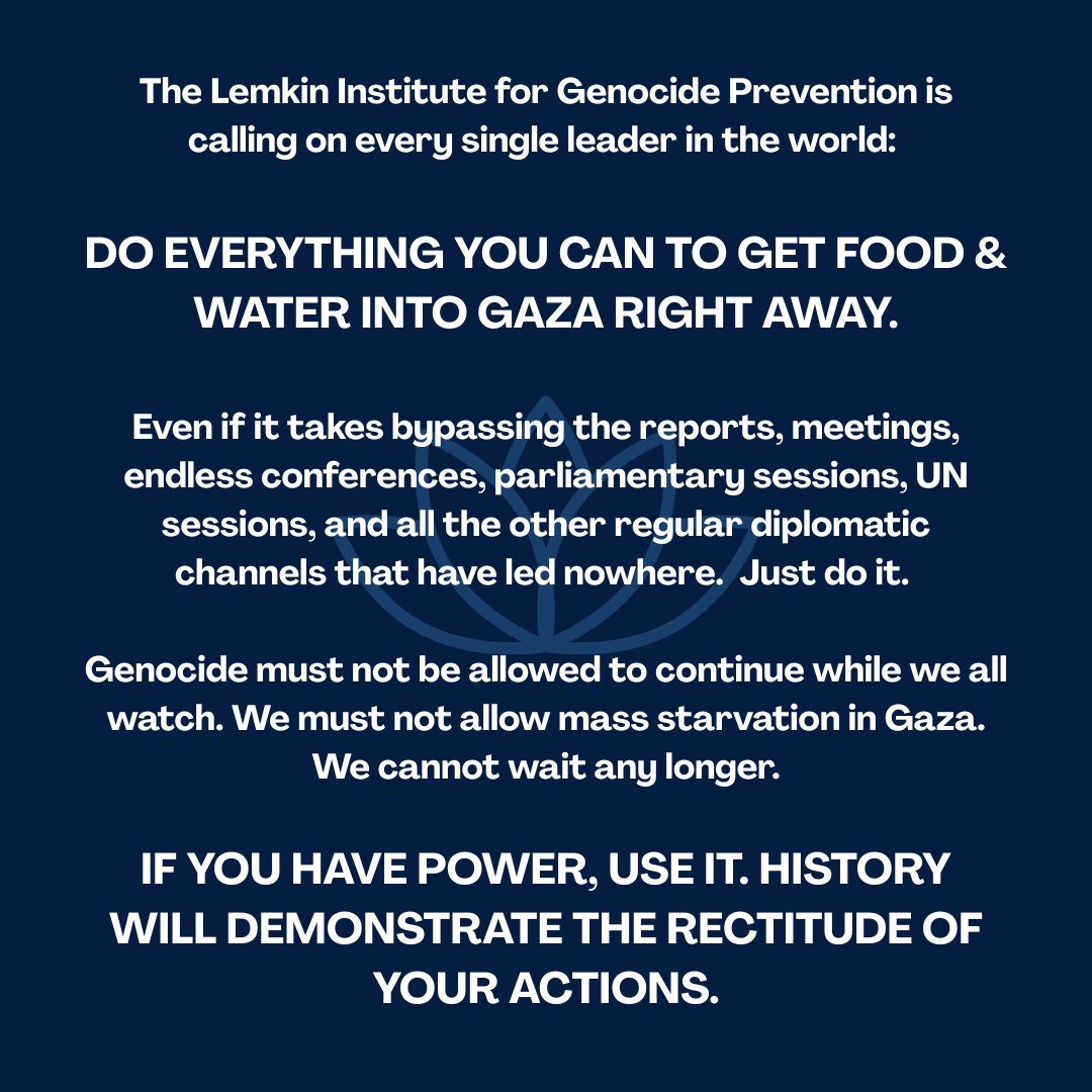 LemkinInstitute's tweet image. The @LemkinInstitute is calling on every leader in the world to step in immediately with measures that ensure food and water gets into Gaza right now.
No more discussions, meetings, reports, sessions, summits.
GET FOOD AND WATER INTO GAZA NOW.
IF YOU HAVE THE POWER, YOU…