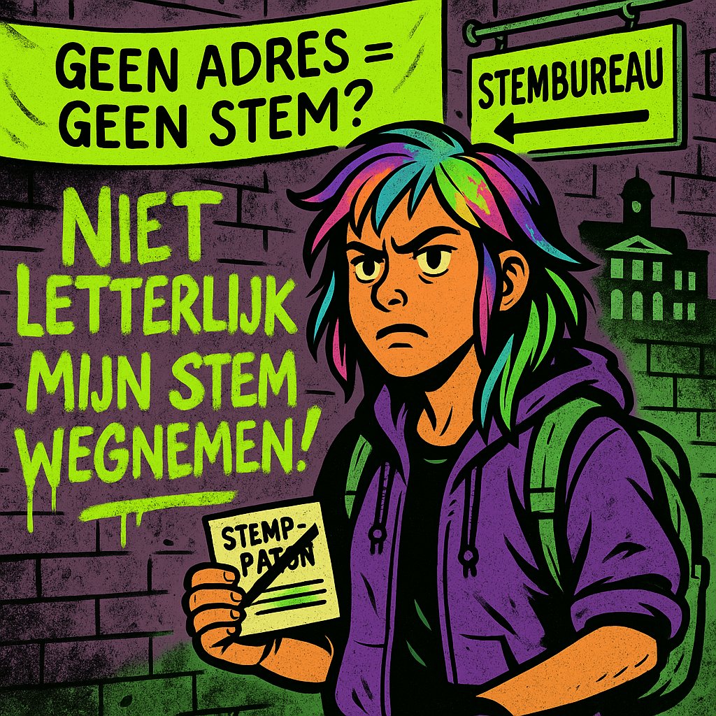 🗳️ Geen adres = geen stem? Serieus?!

Hoe democratisch is een systeem dat je stem afpakt zodra je thuisloos wordt?

📣 Dakloosheid mag nooit leiden tot stemloosheid.
 Terwijl gemeenten roepen dat participatie zo belangrijk is, sluiten ze duizenden mensen buiten bij het stemhokje.