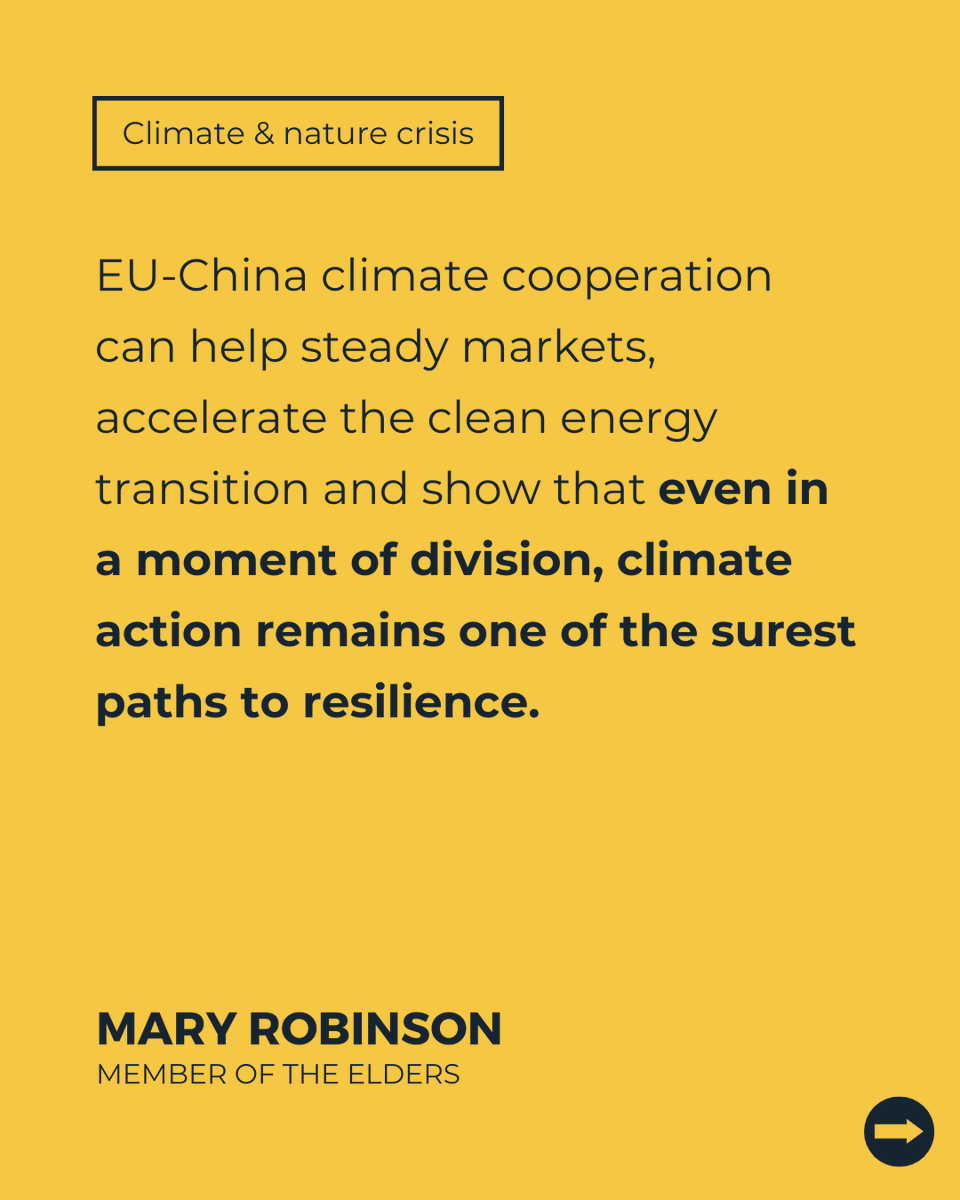 TheElders's tweet image. The EU-China Summit this week is an opportunity that neither side can afford to miss.
Mary Robinson calls for more climate cooperation for clear signals and coordination to boost global energy security in a time of rising geopolitical risk.