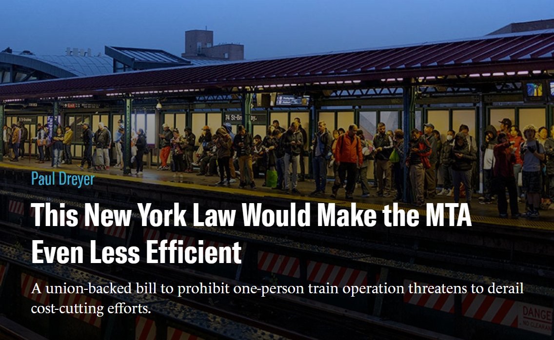 PaulJDreyer's tweet image. Albany recently passed a bill to ban one-person train operation (OPTO), blocking the @MTA from even testing a cost-saving idea used safely in cities like London and Tokyo—and already in use on some MTA shuttle trains. My latest in @CityJournal shows how this move puts union…