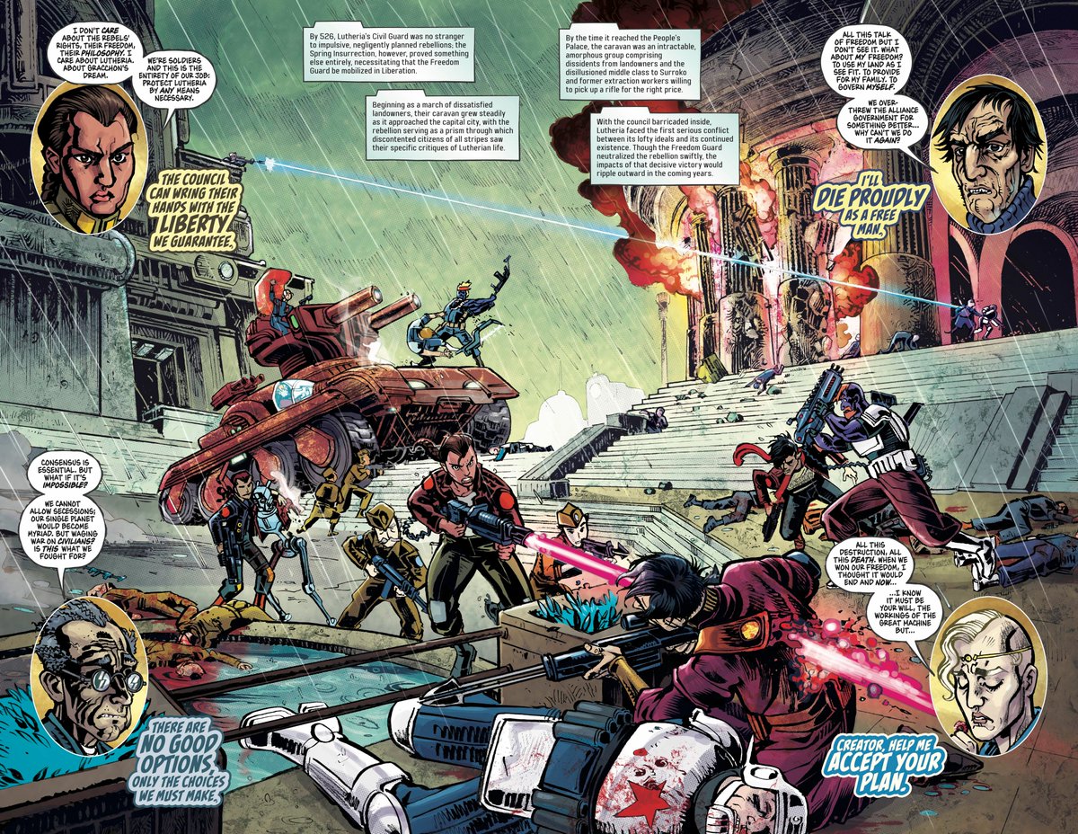 aubreysitterson's tweet image. It’s the FINAL DAY for shops to order FREE PLANET #4.
The counterrevolution has descended on the capital. But even as the Freedom Guard responds, their ranks are racked by dissension and hostility.
Does freedom include the right to disobey? To overthrow an existing government?
