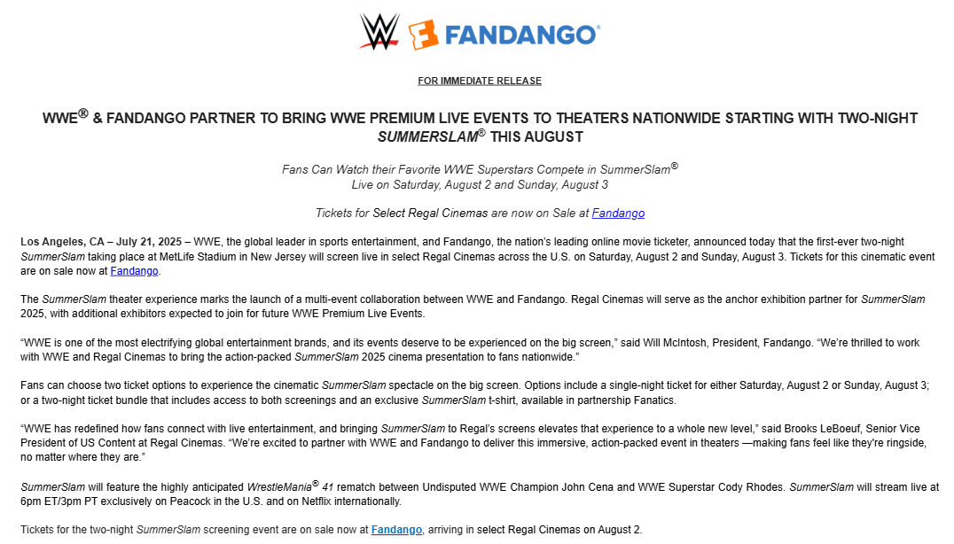 WWE is partnering with Fandango to bring WWE PLEs to theaters nationwide starting with Summerslam