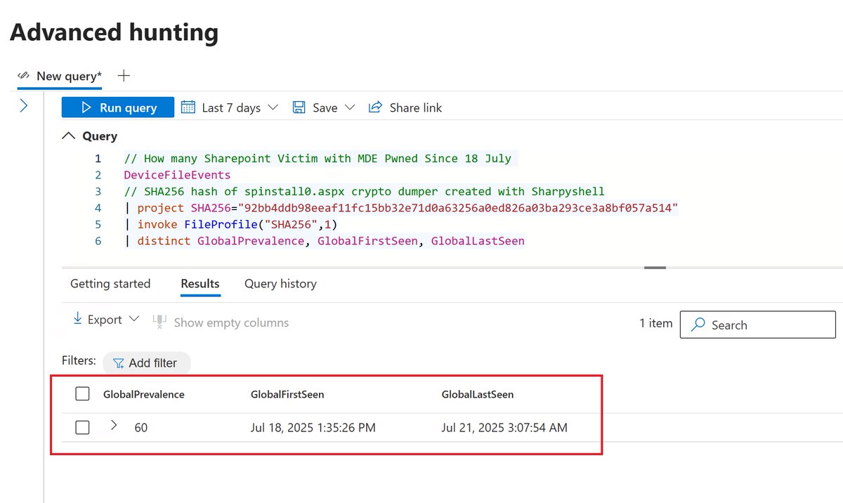 0x534c's tweet image. 🚨 60 SharePoint instances pwned in just 4 days — exposed by data and MDE 🕵️♂️
With the SHA256 hash of spinstall0.aspx and FileProfile in Defender XDR, I pinpointed: • 🗓️ The first attack timestamp • 🌐 60 SharePoint instances hit by a zero-day attack. Because data never lie —…
