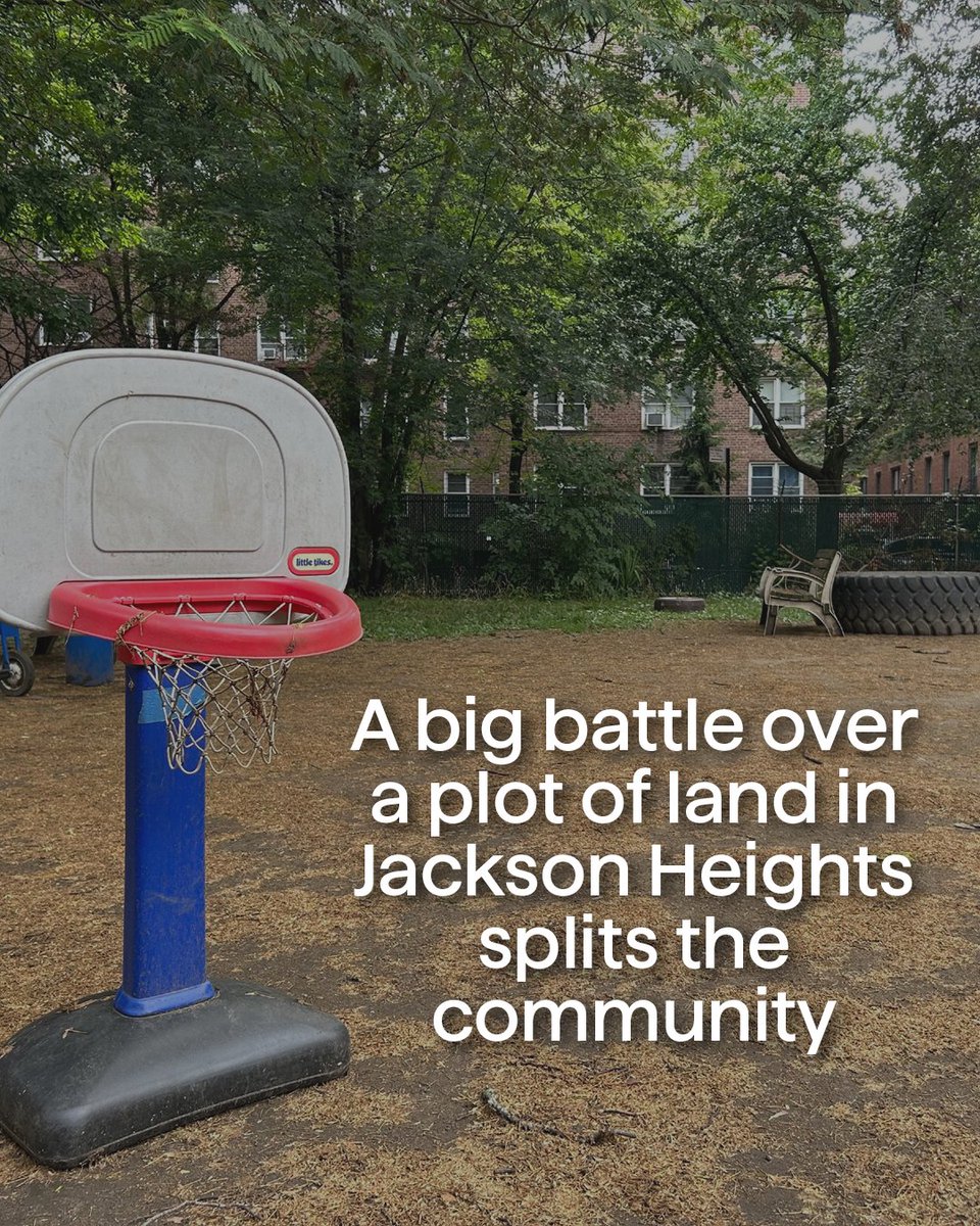 WNYC's tweet image. A debate over a small, church-owned parcel of land in Jackson Heights has split the community and cast doubt on Mayor Eric Adams’ plan to increase the amount of green space in underserved neighborhoods. bit.ly/4eSy0JH