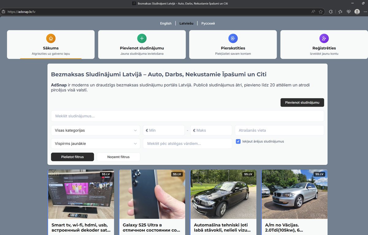 Mēs esam priecīgi paziņot, ka AdSnap tagad ir pieejams arī adsnap.lv! 🎉

Neatkarīgi no tā, vai vēlaties pirkt, pārdot vai meklēt sludinājumus, tagad varat piekļūt visām mūsu funkcijām gan caur adsnap.eu, gan adsnap.lv.