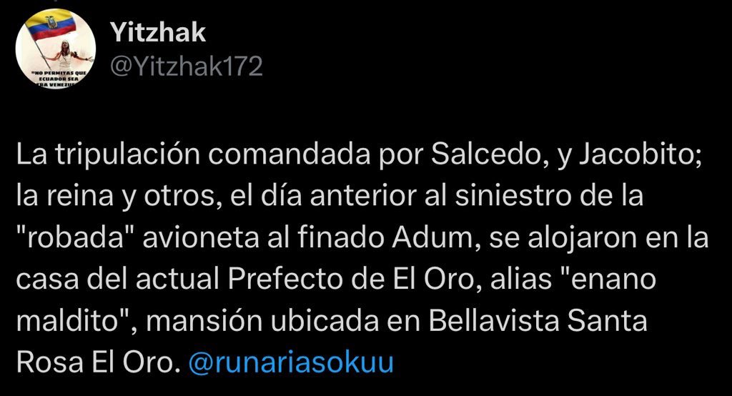 runariasokuu's tweet photo. Primer acto: daniel salcedo se hospeda en la casa del prefecto de El Oro. Clemente bravo. 

Segundo acto: Allanan el departamento del Hijo del Prefecto de El Oro metido en narcotrafico 

Tercer acto: Tiene 5 millones  y 200 terrenos sin justificar. 

Si el río suena… https://t.co/P2m4z9g3z2