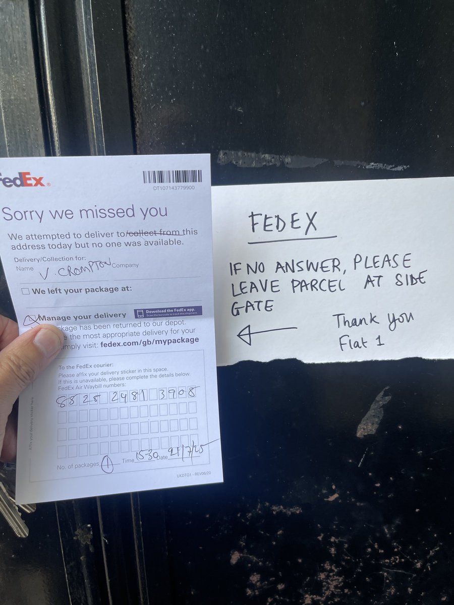 BillLaw49's tweet image. @FedExHelp Arrived home to find card slipped indoor above which was sign we attached before 9:00 AM this morning