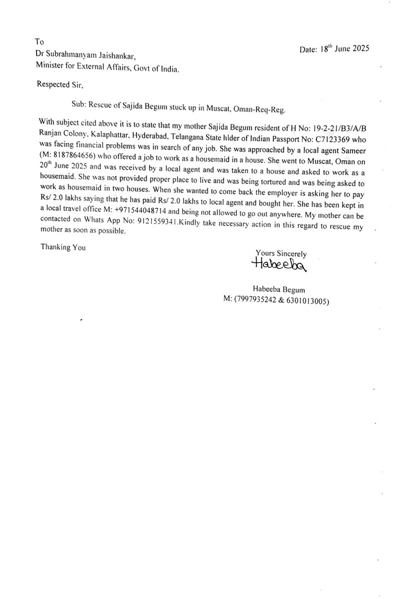 amjedmbt's tweet image. .@DrSJaishankar Sir, One Sajida Begum resident of Hyderabad, Telangana who was in search of job due to her financial problems was offered a job of housemaid in Muscat, Oman by a local travel agent has been cheated and got stuck up, she is being asked to work in 2-3 houses for…