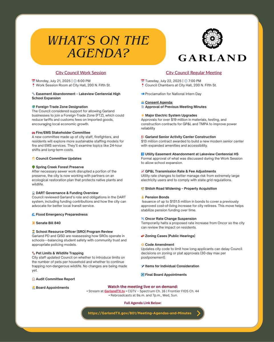 Here’s what’s on the agenda for this week’s City Council meetings! Can't make it in person? Watch live on CGTV or stream at GarlandTX.tv