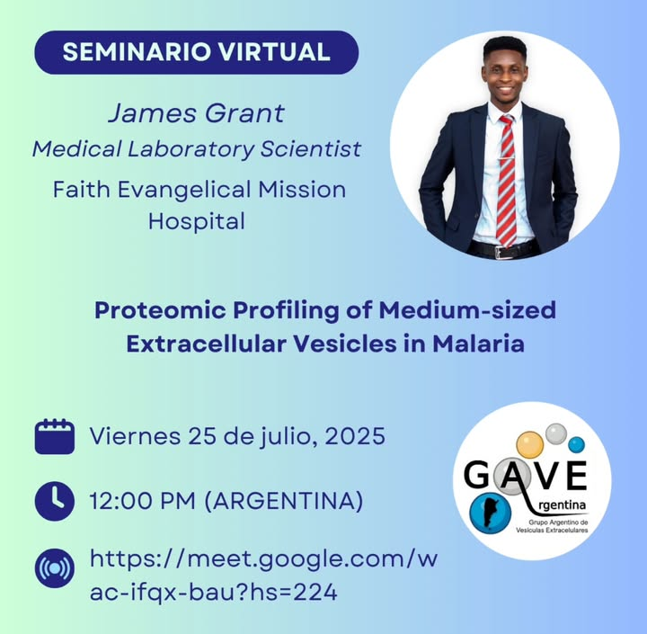 gave_arg's tweet image. ‼️ Próximo seminario virtual del GAVE
🗓️ El viernes 25/07 12 pm (ARG), James Grant del Faith Evangelical Mission Hospital, Ghana, compartirá su trabajo sobre proteómica de VEs medianas en malaria
Los esperamos!!
#extracellularvesicles #EVs #malaria #proteomics #science