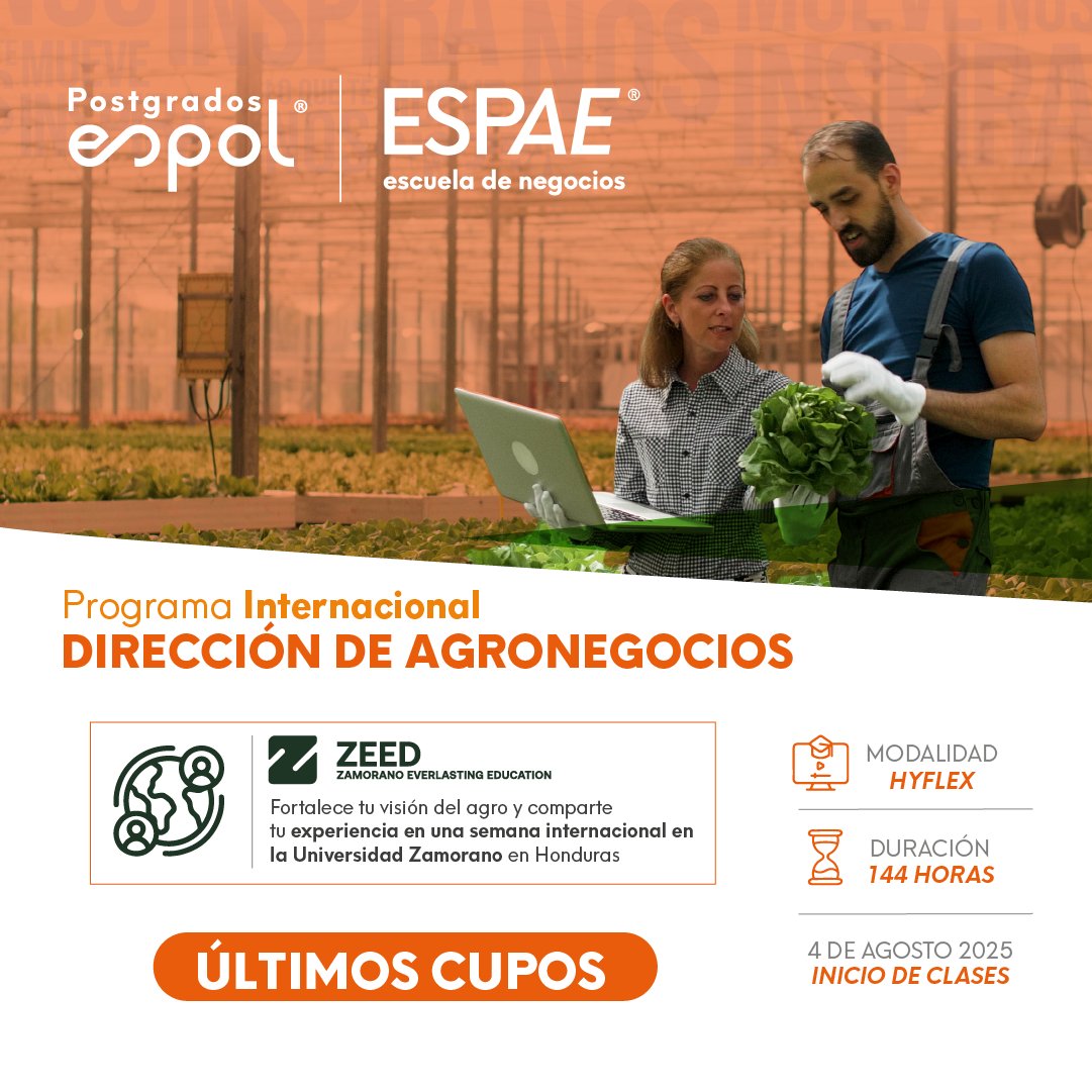 🌱 ¿Sabías que liderar el agro hoy exige visión global, sostenibilidad y estrategia?

El #PIDA de ESPAE y #Zamorano te preparan para transformar el sector desde una mirada integral.
🚀 ¡Inscripciones abiertas!
erptech.espol.edu.ec/organico-pida