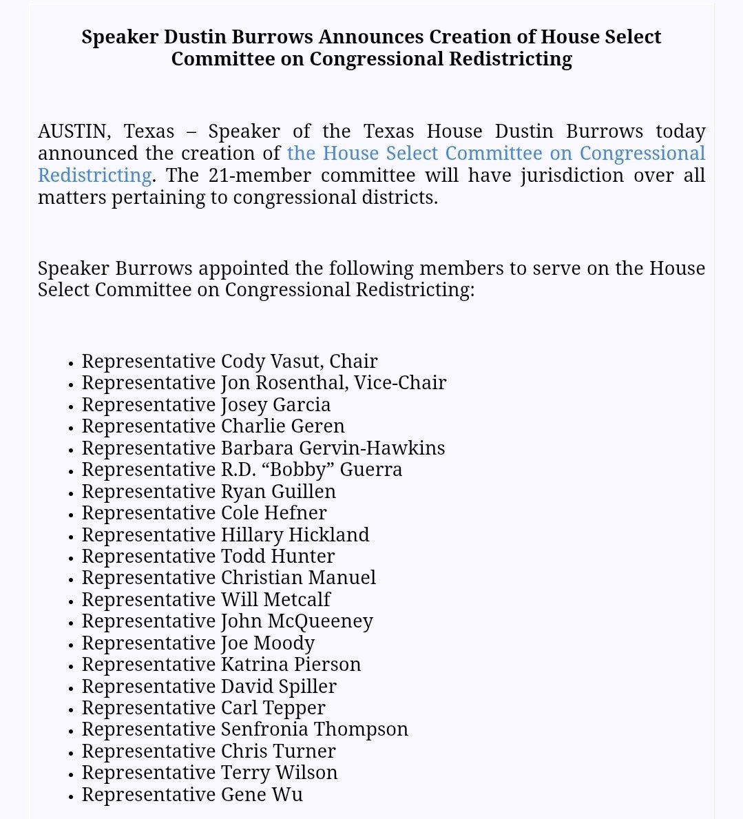 scottbraddock's tweet image. Speaker @Burrows4TX appoints a Texas House Select Committee on Congressional Redistricting. Here are the members #txlege