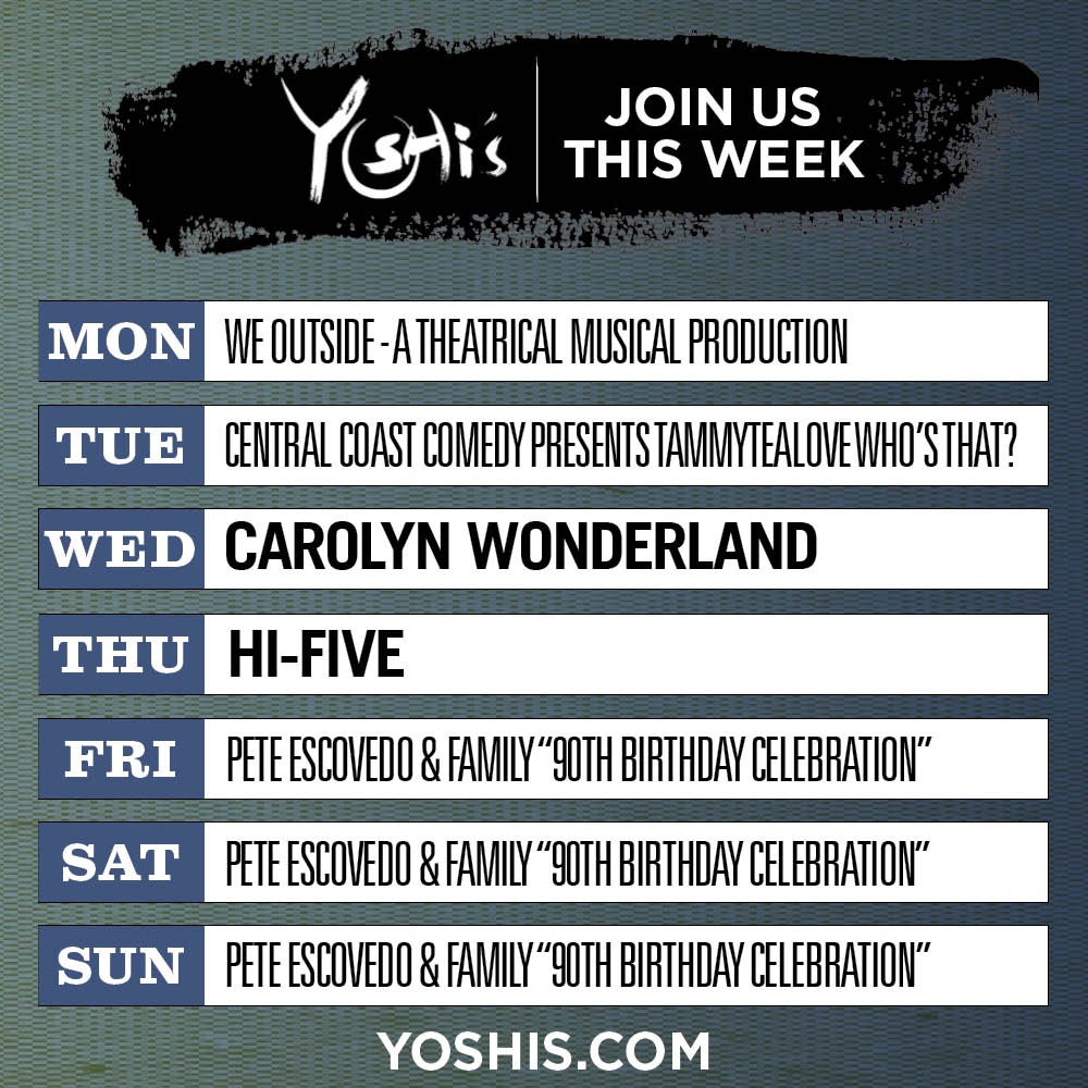yoshis_OAK's tweet image. Mon, Jul 21: We Outside A Theatrical Musical Production👭
Tue, Jul 22: TammyTeaLove Who’s That?⁉️
Wed, Jul 23: Carolyn Wonderland🎸@carolynwonderla
Thu, Jul 24: Hi-Five🎼@OfficialHiFive
Fri-Sun, Jul 25-27: Pete Escovedo & Family “90th Birthday Celebration”🥁