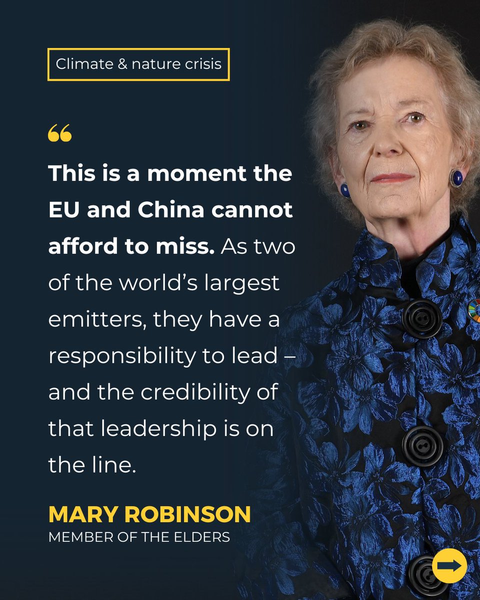 TheElders's tweet image. The EU-China Summit this week is an opportunity that neither side can afford to miss.
Mary Robinson calls for more climate cooperation for clear signals and coordination to boost global energy security in a time of rising geopolitical risk.