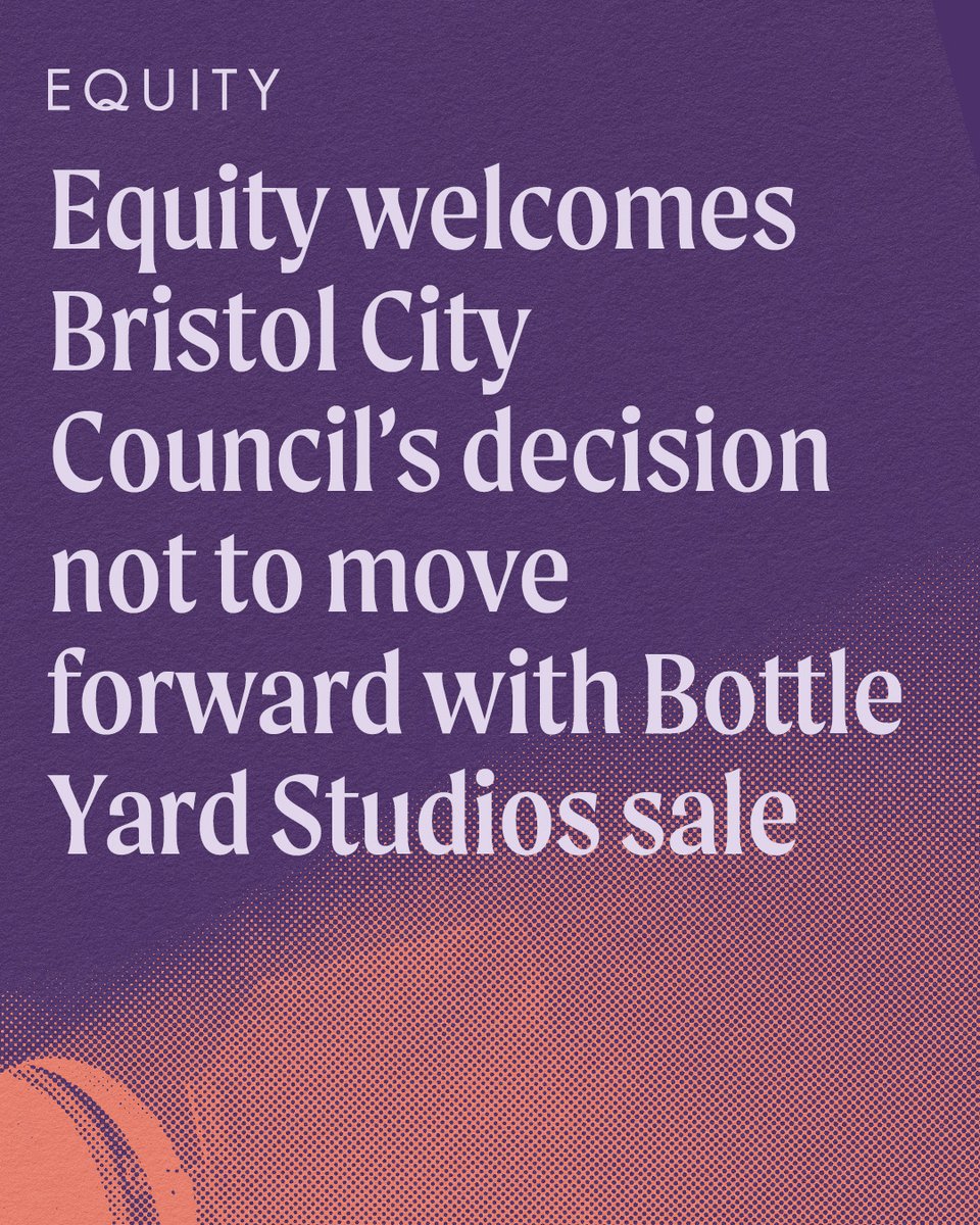 EquityUK's tweet image. We are delighted that Bristol City Council is not moving forward with the sale of The Bottle Yard Studios, the only UK film studio to be owned by a local authority.
The U-turn follows months of campaigning around the sale, our union having repeatedly expressed concerns around…