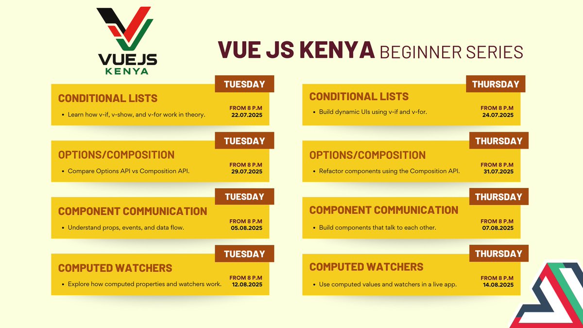 KenyaVue's tweet image. 🔥 BIG NEWS!
Vue.js Kenya Beginner Series just got BETTER!
📈 Due to popular demand:
✅ 2 sessions/week (was 1)
✅ New time: 8PM (was 7PM)
📅 New format:
🗓️ Tuesdays 8PM → Theory
💻 Thursdays 8PM → Practice
Vue.js learning 🚀
Who's ready to level up? 👇
#VueJS #JavaScript