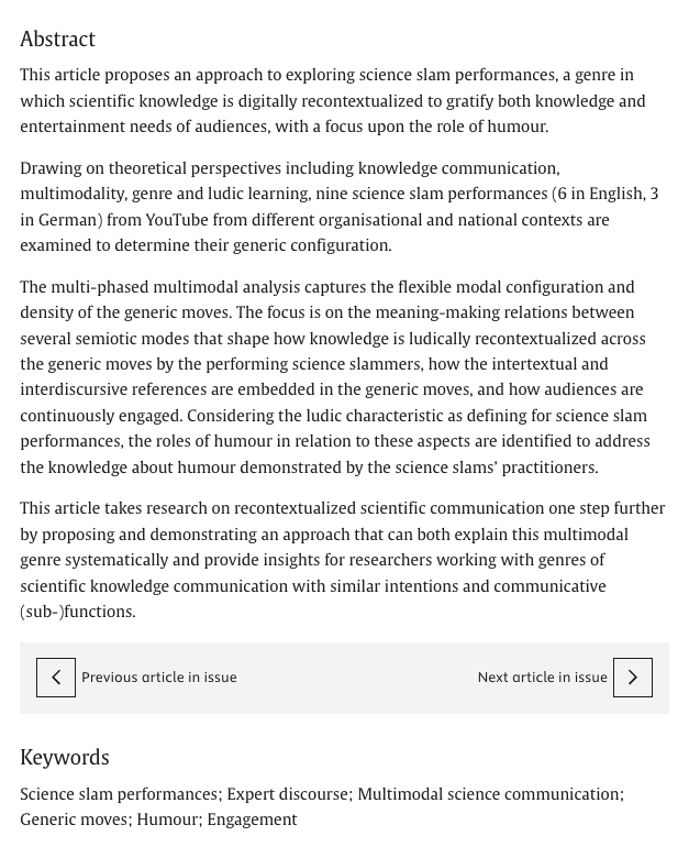 InterGedi (@intergediuz) on Twitter photo 📢📢📢
<a href="/jan_engberg/">Jan Engberg</a> & C.D. Maier propose a multi-phased multimodal approach to science slam performances—a recontextualisation practice where science meets entertainment and humour.
📘Published in <a href="/dcmjournal/">Discourse, Context and Media</a>'s SI edited by <a href="/lores_rosa/">Rosa Lorés</a> & <a href="/pilarmurduenas/">Pilar Mur-Dueñas</a>.
Don't miss it! 🔍 📢📢📢
<a href="/jan_engberg/">Jan Engberg</a> & C.D. Maier propose a multi-phased multimodal approach to science slam performances—a recontextualisation practice where science meets entertainment and humour.
📘Published in <a href="/dcmjournal/">Discourse, Context and Media</a>'s SI edited by <a href="/lores_rosa/">Rosa Lorés</a> & <a href="/pilarmurduenas/">Pilar Mur-Dueñas</a>.
Don't miss it! 🔍
