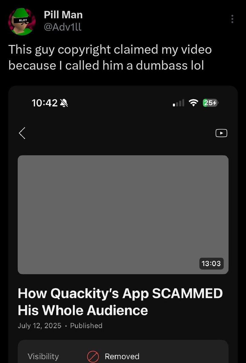 Saammuel's tweet image. A random user just took down Adv1ll's Quackity video for calling him "a dumbass." And no, I'm not joking, lmao.