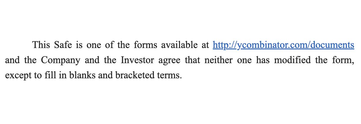 sethbannon's tweet image. A "MODIFIED SAFE" IS NOT A SAFE
The point of the SAFE is that it's standard. Everyone knows they're getting a fair deal. Too many VCs claim they're "using a SAFE" when in reality they've added a bunch of special terms and conditions. If you don't see this in the doc, watch out.