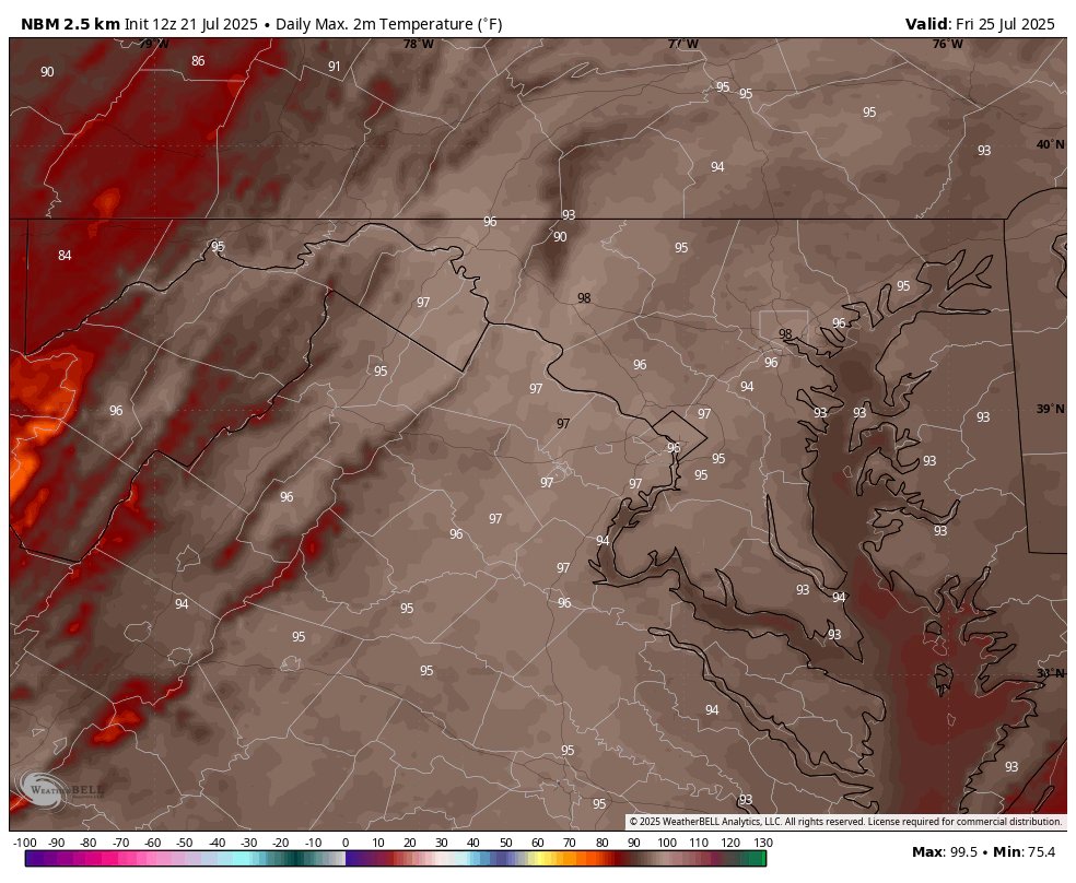 capitalweather's tweet image. 🌡️ Enjoy the break while it lasts — BRUTAL heat-humidity combo is coming.
Highs Fri & Sat 95-100 w/ heat indexes near 105. Likely our hottest stretch since late June. 🥵
Storm chances return this weekend too.
Full details at cwg.live
Pictured: Forecast highs Fri