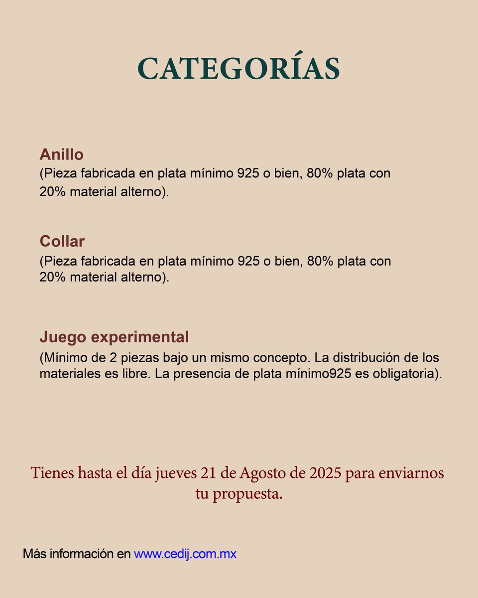 Participa en el 35º Concurso Internacional de Diseño de Joyería: Identidad, donde la inspiración nace de una tradición viva y poderosa: la charrería, símbolo del alma mexicana.

📅 Consulta bases y participa en: cedij.com.mx/concurso-inter…